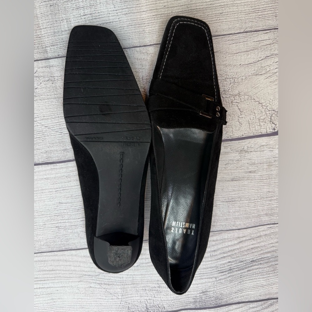 Stuart Weitzman Black Suede Kitten Heel Loafers Size 8 Classic Chic - Picture 11 of 16